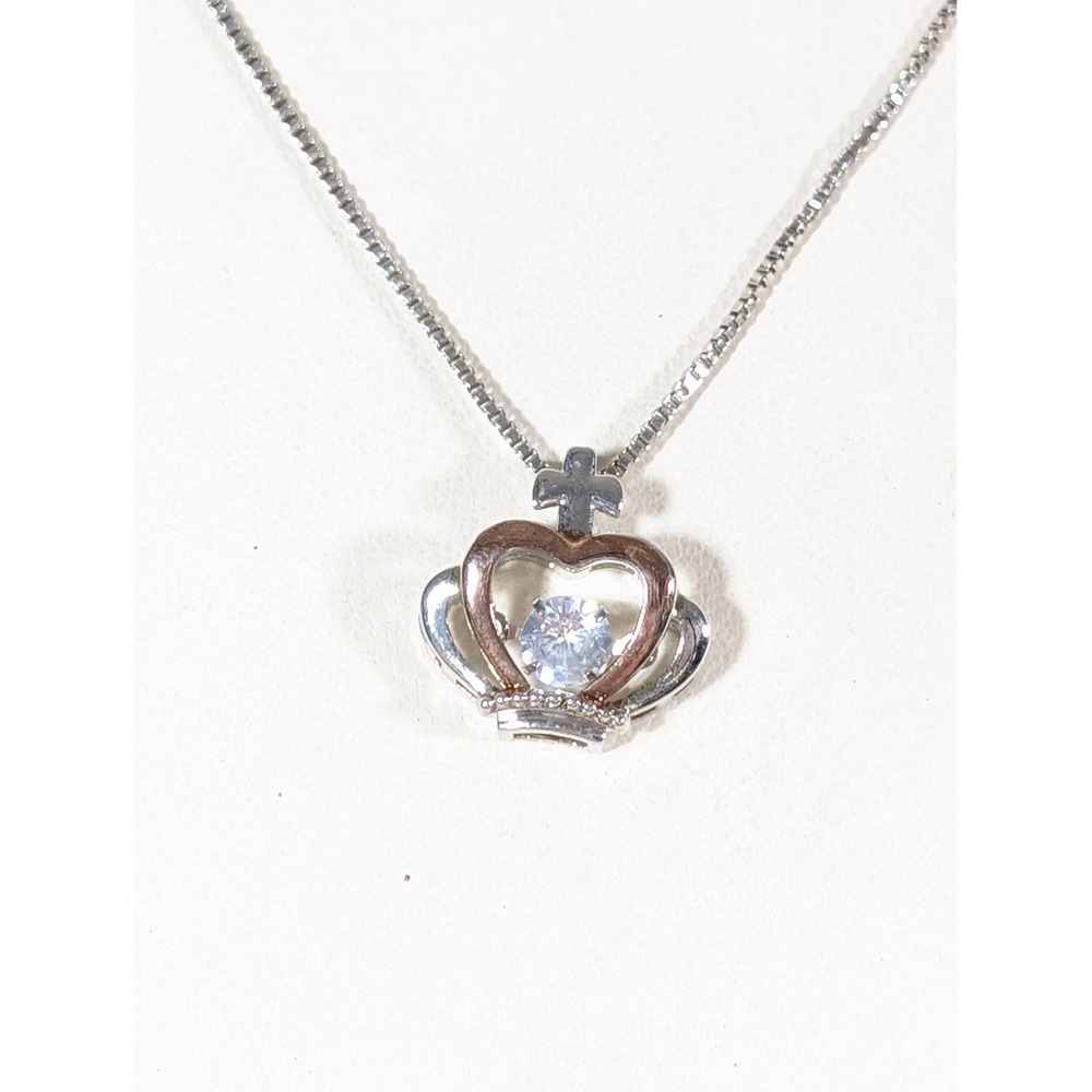 Two‎ Tone Heart Crown Cross CZ Pendant Necklace 18" Faith Inspirational